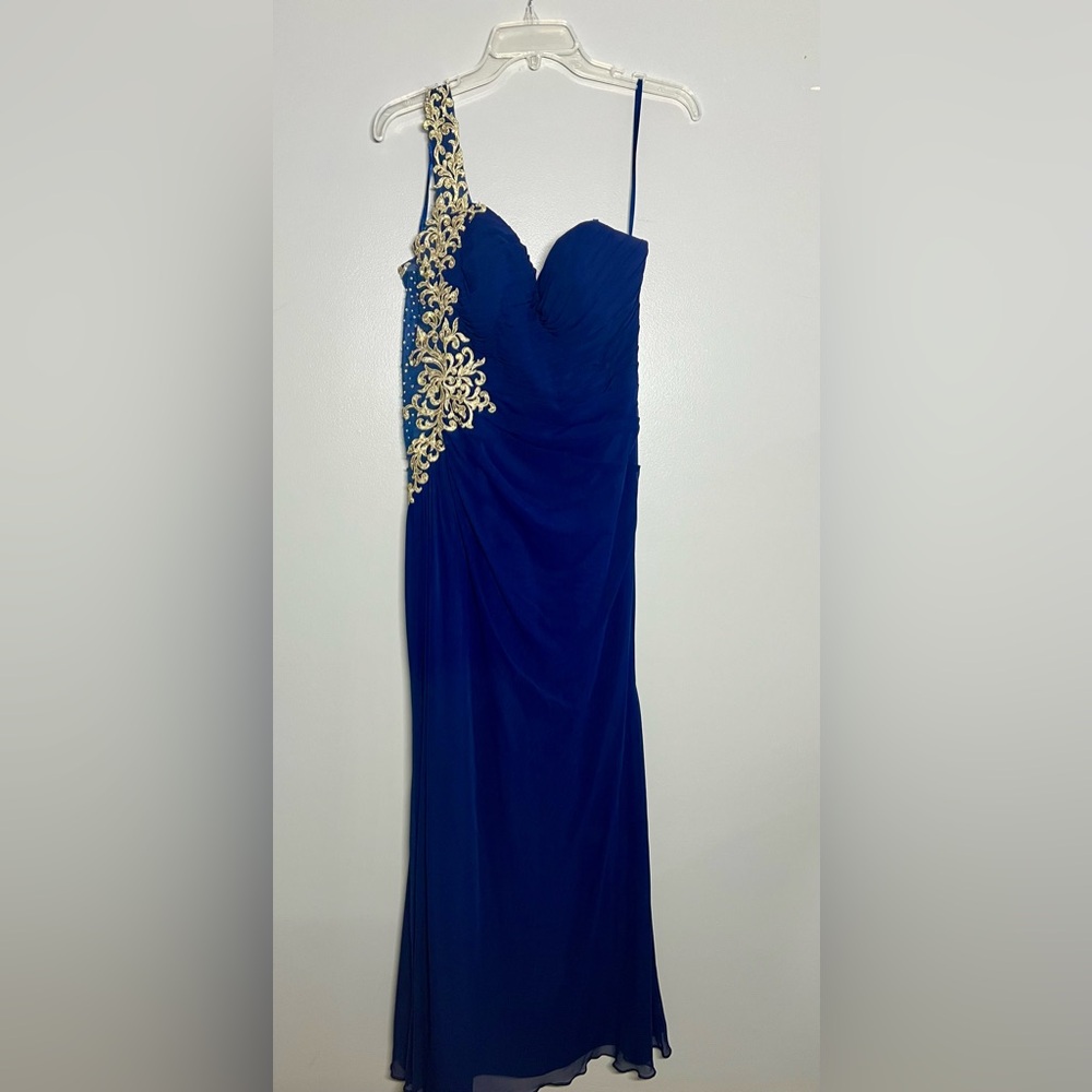 Cachet Blue and Gold Embellished Ruched Gown